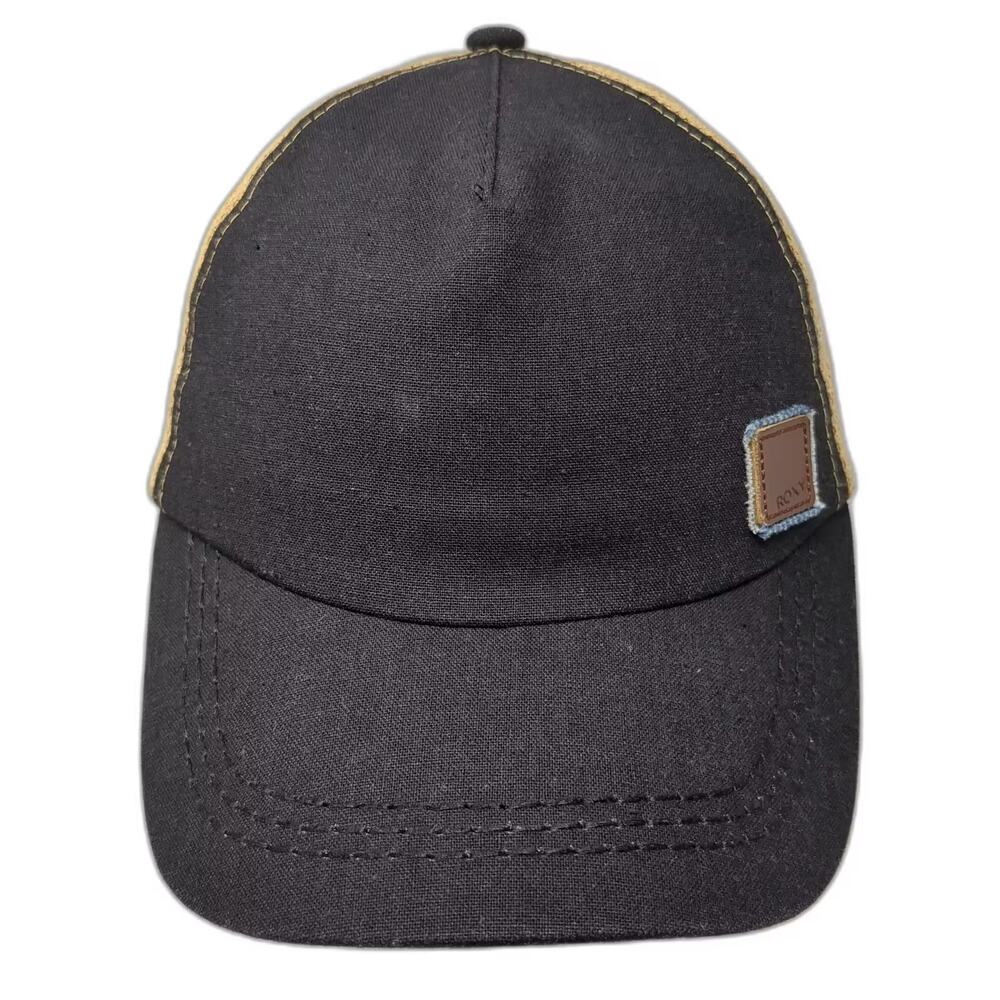 Roxy 5 Panel Hat Black Beige One Size Straw Back Strapback Adjustable Logo Patch